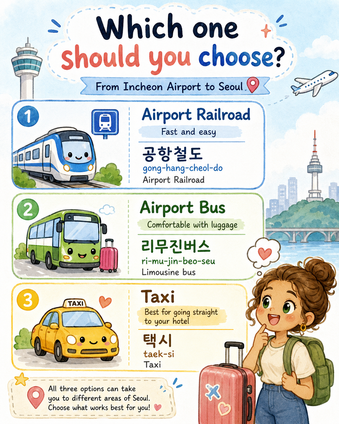 Incheon Airport to Seoul by Train Bus or Taxi — cut 8
